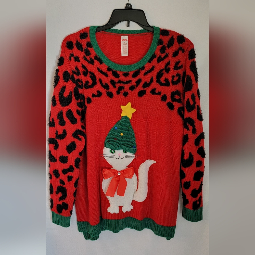 Holiday Time  Womens "Meowy" Christmas Sweater w/White Cat Size 2XL